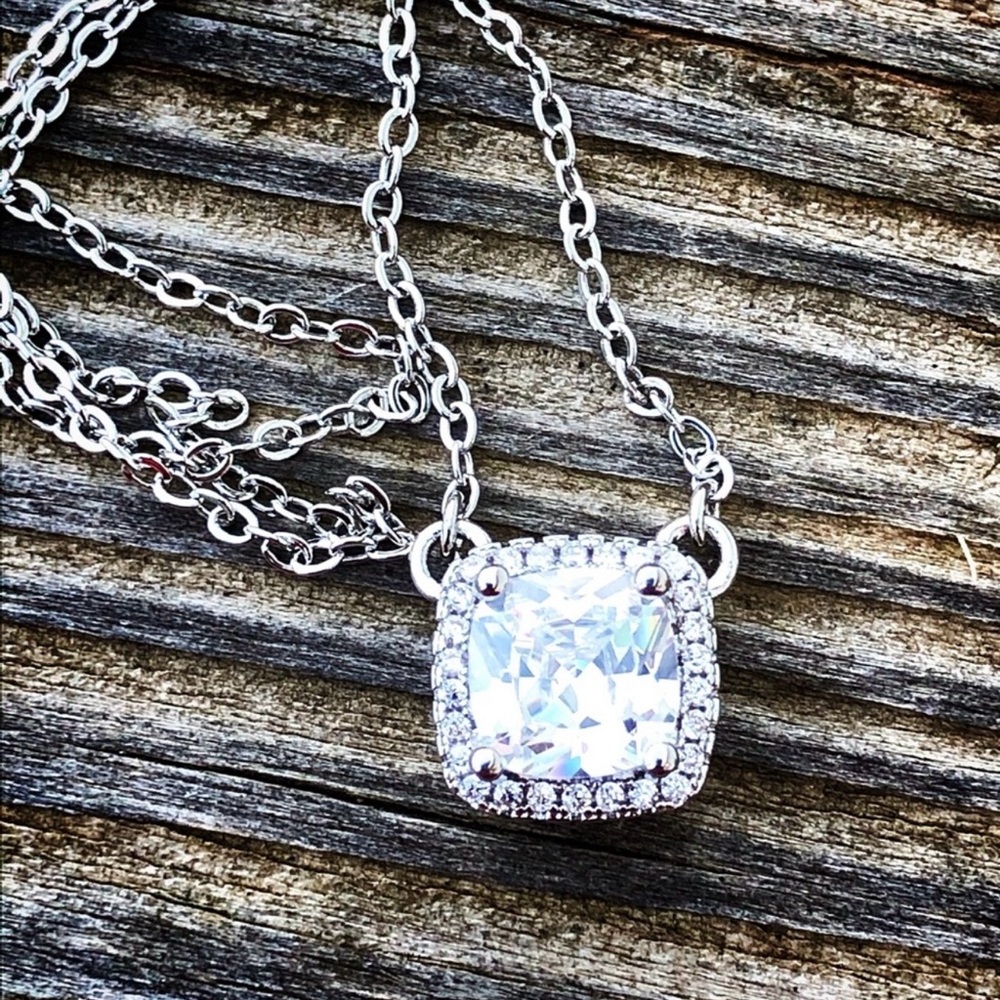 925 Cushion Cut Diamond with Halo Necklace - Picture 9 of 9